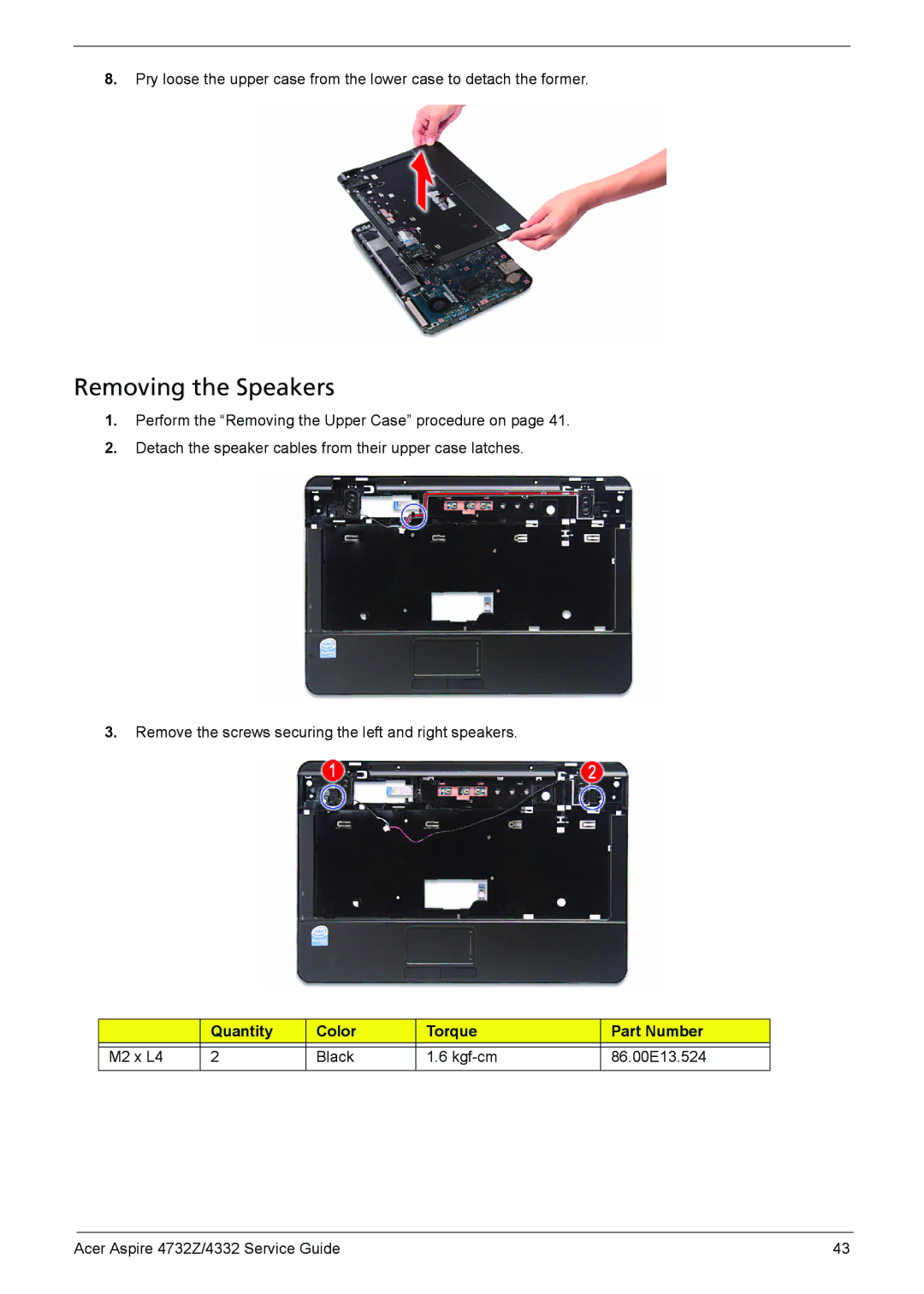 Acer 4732Z/4332 manual Removing the Speakers 