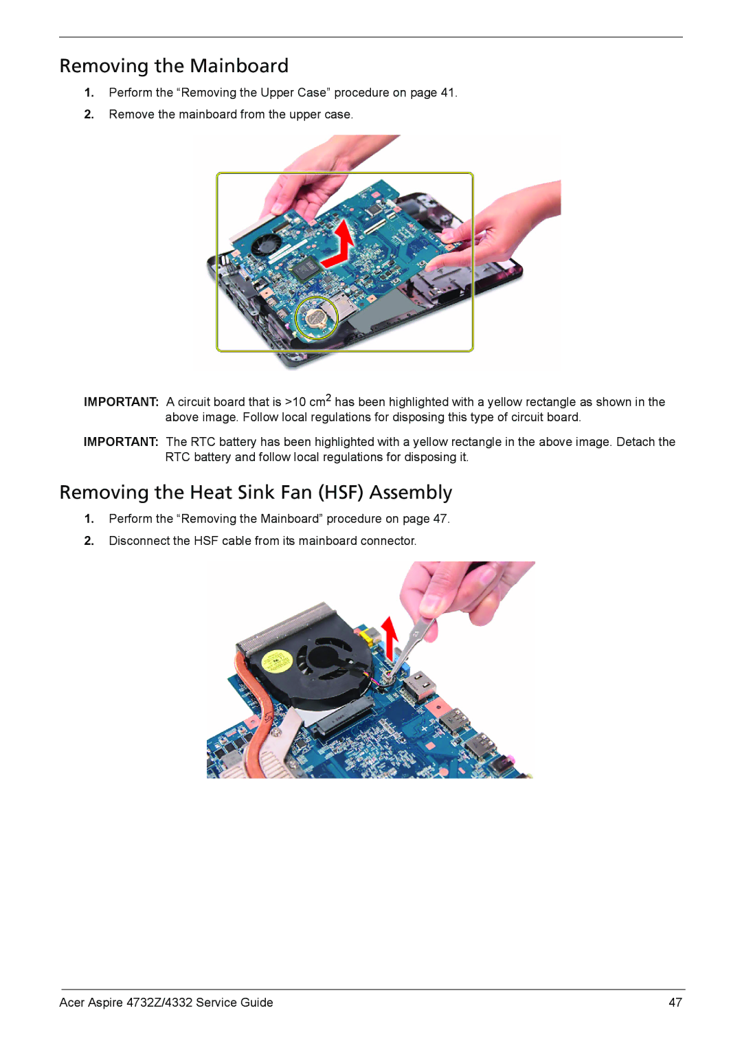 Acer 4732Z/4332 manual Removing the Mainboard, Removing the Heat Sink Fan HSF Assembly 