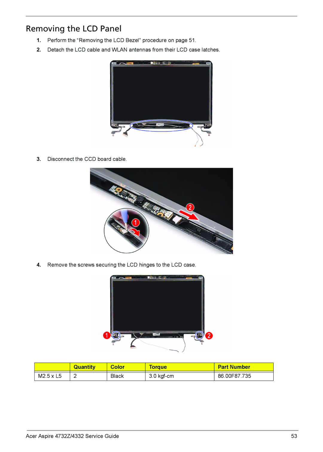 Acer 4732Z/4332 manual Removing the LCD Panel 