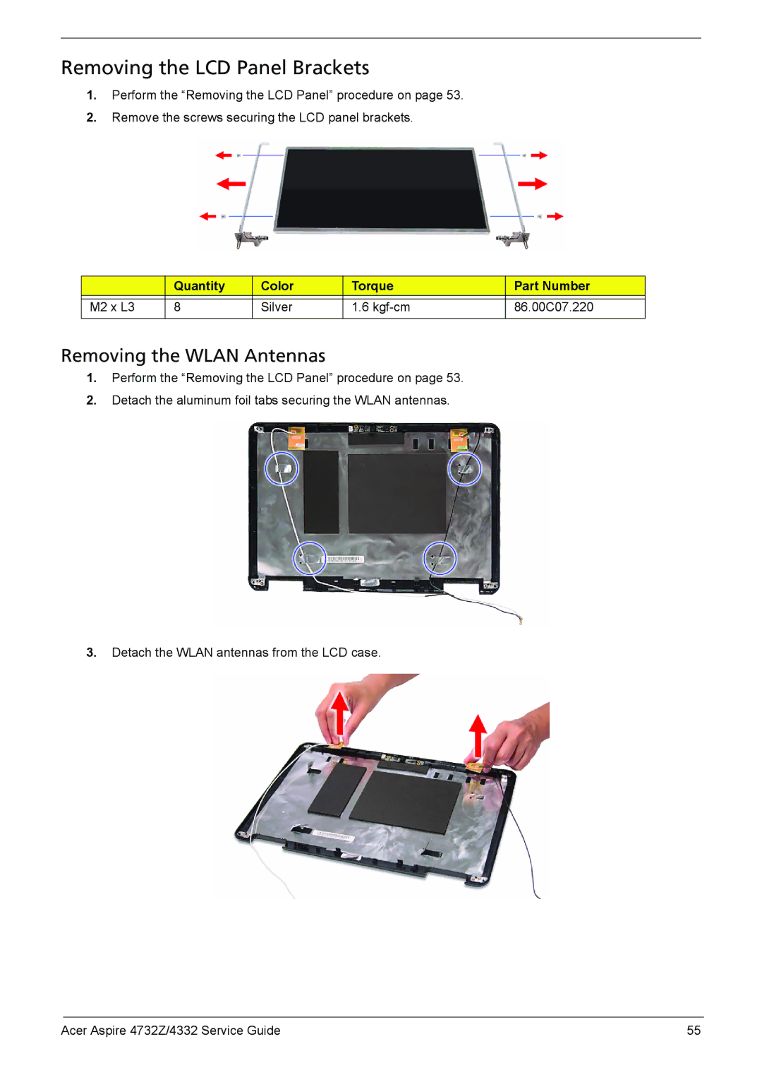 Acer 4732Z/4332 manual Removing the LCD Panel Brackets, Removing the Wlan Antennas 