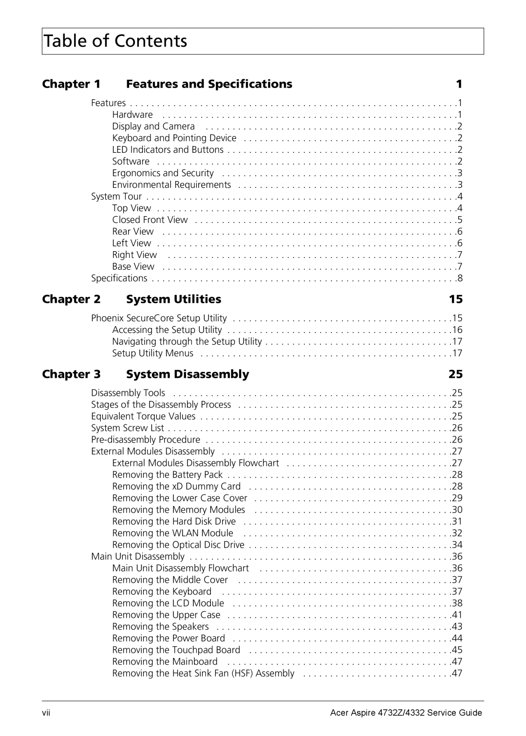 Acer 4732Z/4332 manual Table of Contents 