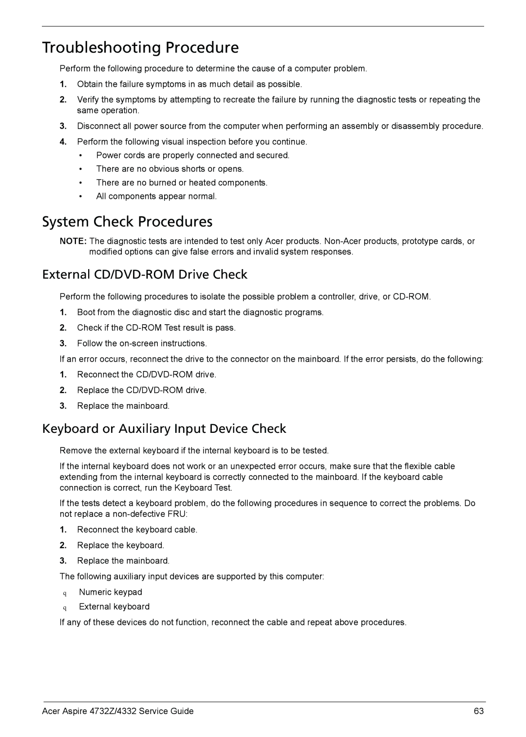 Acer 4732Z/4332 manual Troubleshooting Procedure, System Check Procedures, External CD/DVD-ROM Drive Check 