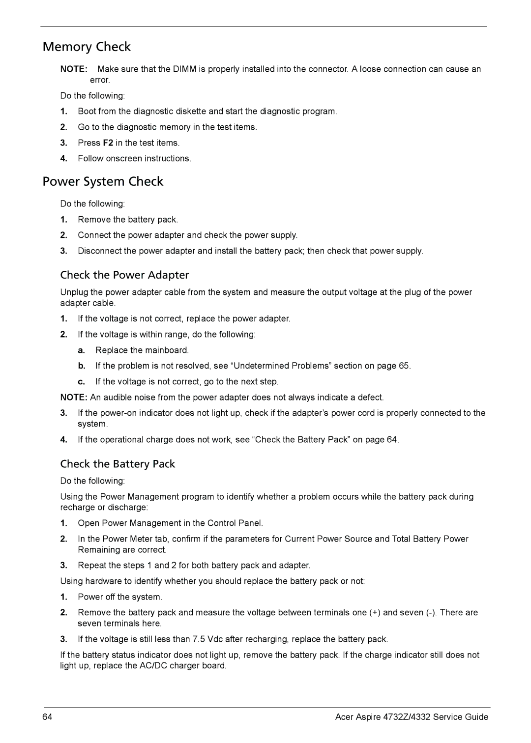 Acer 4732Z/4332 manual Memory Check, Power System Check 