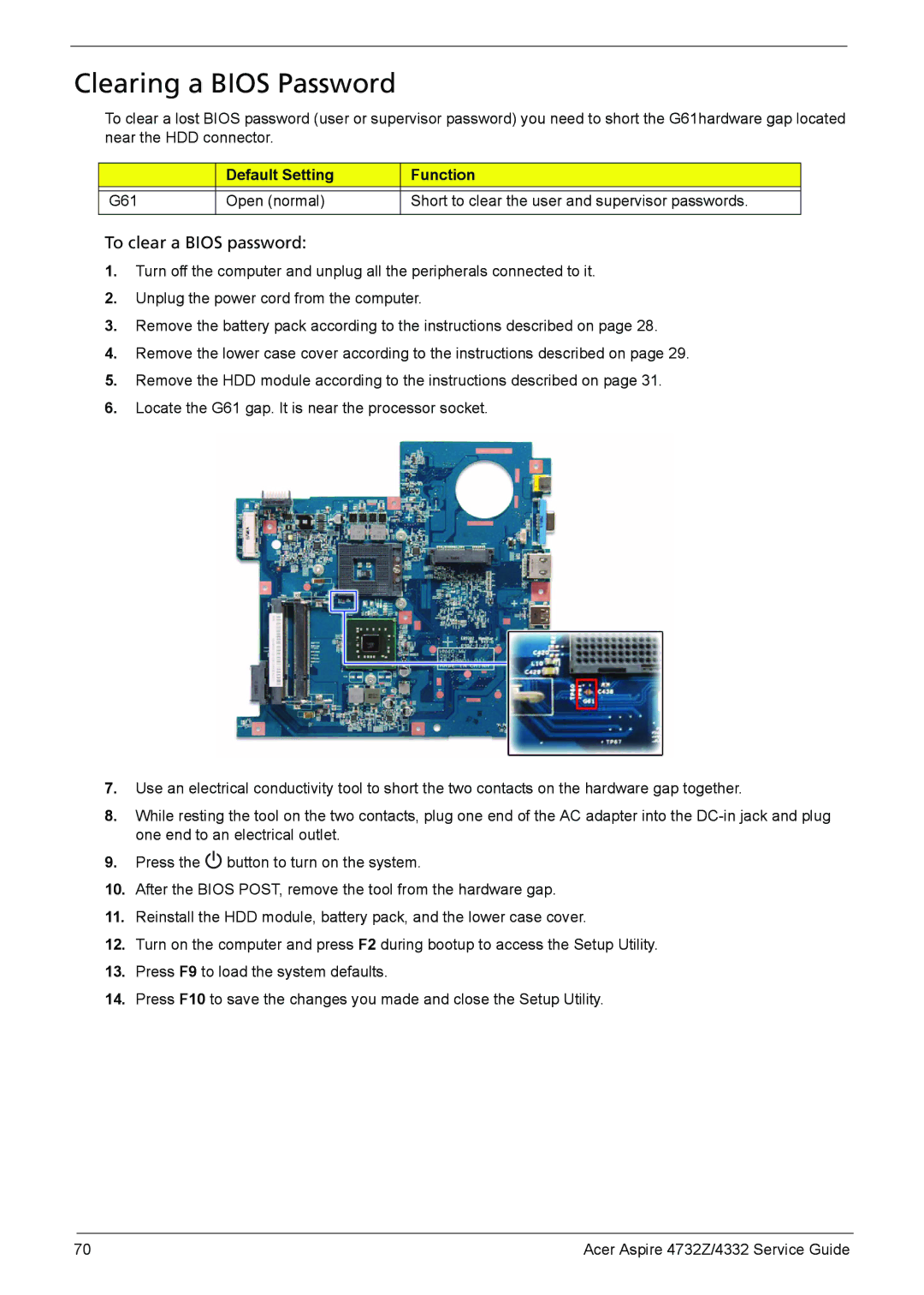 Acer 4732Z/4332 manual Clearing a Bios Password, To clear a Bios password 