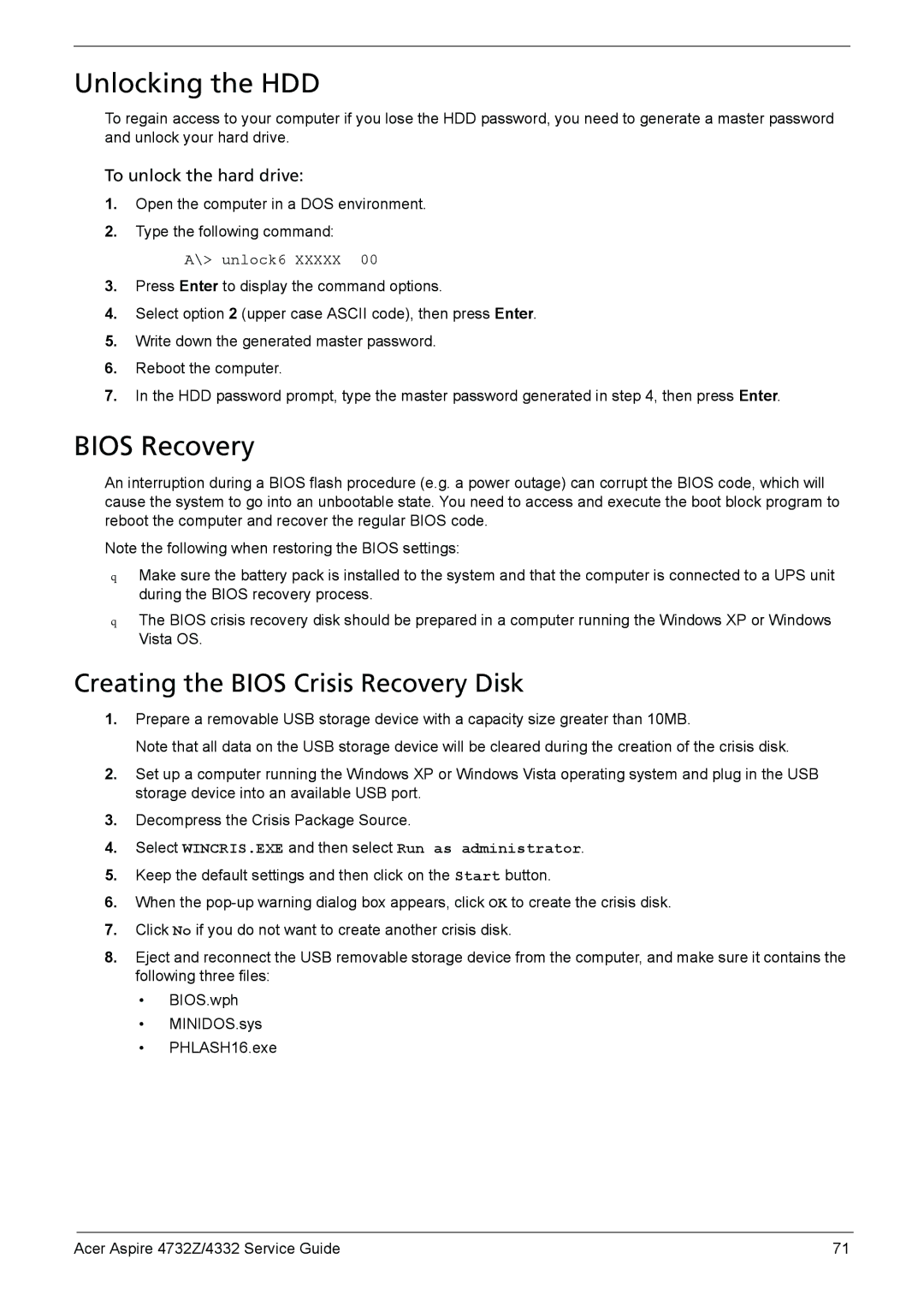 Acer 4732Z/4332 manual Unlocking the HDD, Bios Recovery, Creating the Bios Crisis Recovery Disk 