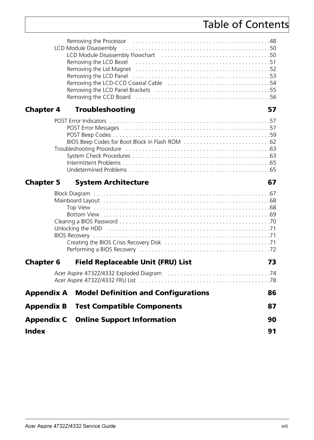 Acer 4732Z/4332 manual Chapter Field Replaceable Unit FRU List 