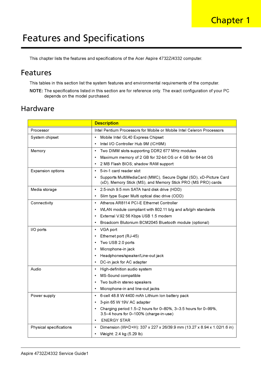 Acer 4732Z/4332 manual Features, Hardware, Component Description 