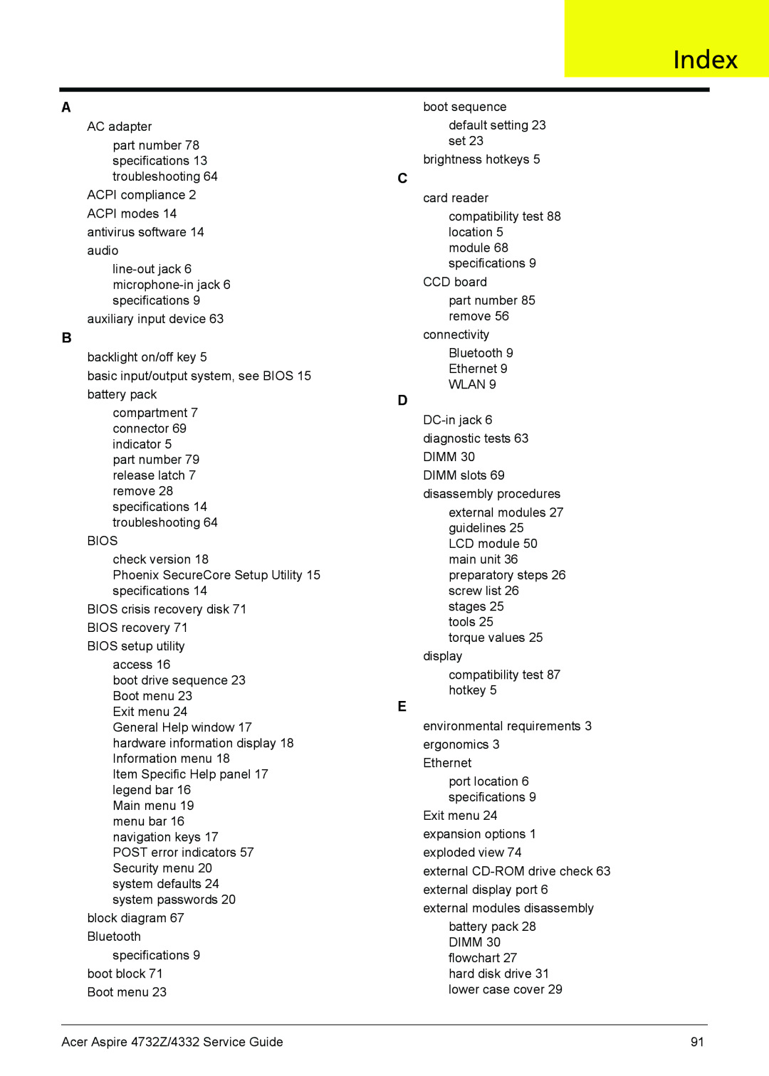 Acer 4732Z/4332 manual Index 