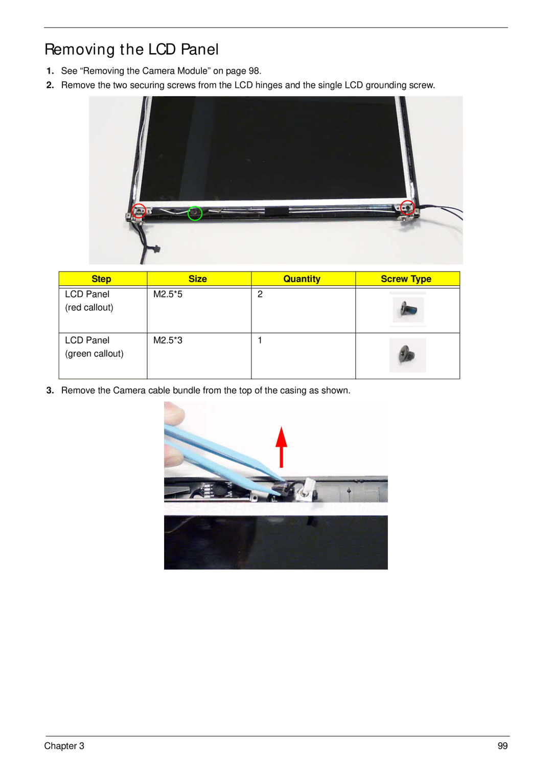 Acer 4736Z, 4736G manual Removing the LCD Panel, Step Size Quantity Screw Type 