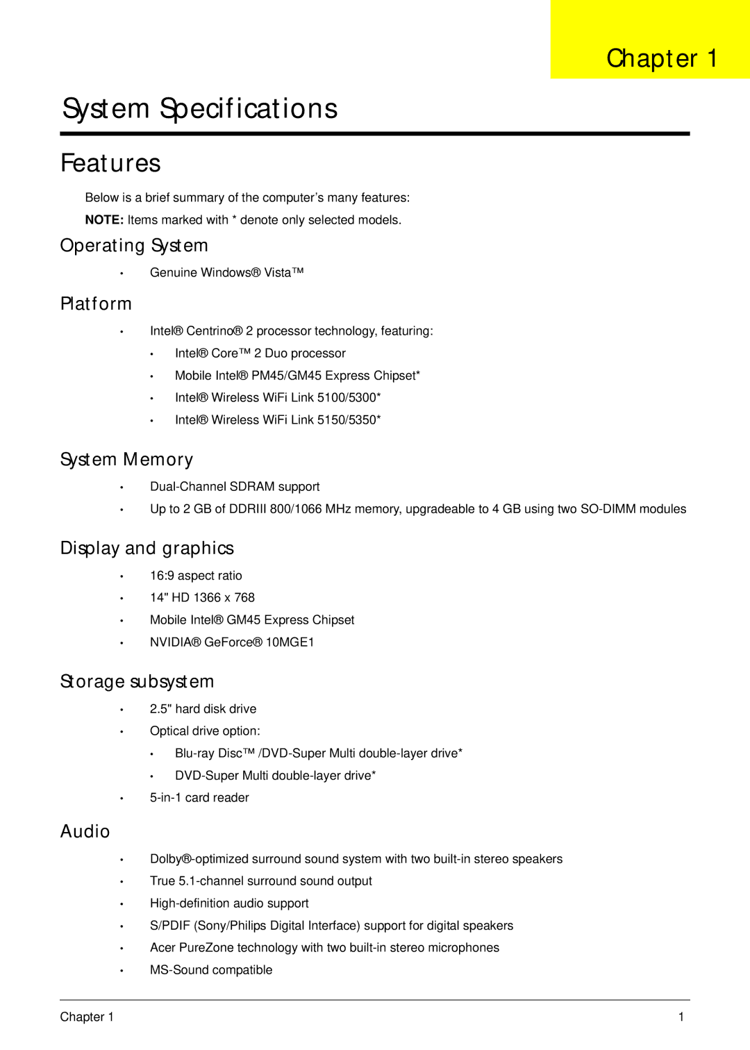 Acer 4736Z, 4736G manual Chapter, Features 