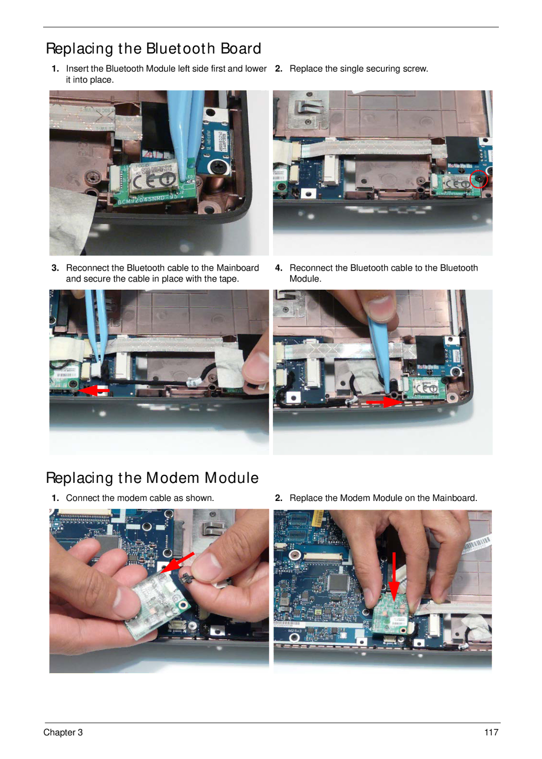 Acer 4736Z, 4736G manual Replacing the Bluetooth Board, Replacing the Modem Module 