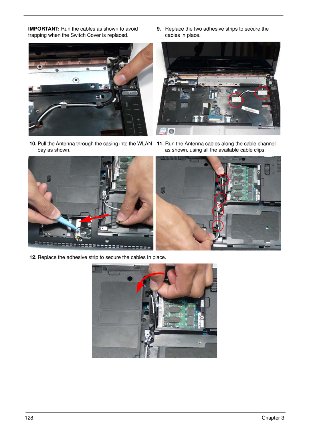 Acer 4736G, 4736Z manual Replace the adhesive strip to secure the cables in place 