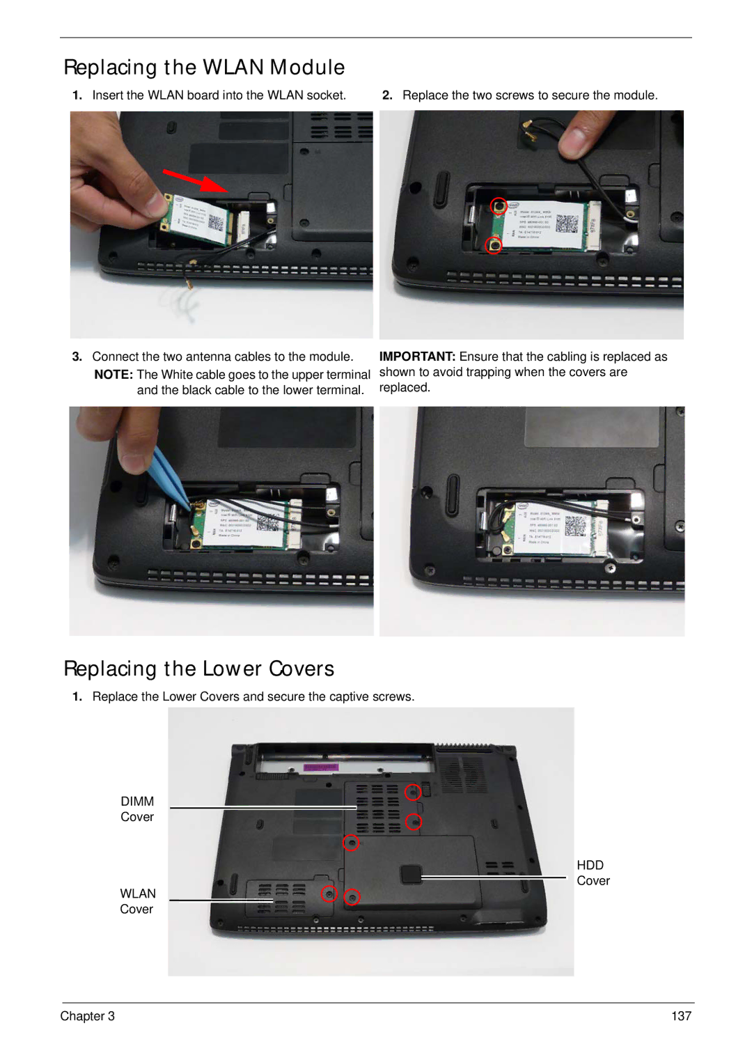 Acer 4736Z, 4736G manual Replacing the Wlan Module, Replacing the Lower Covers 