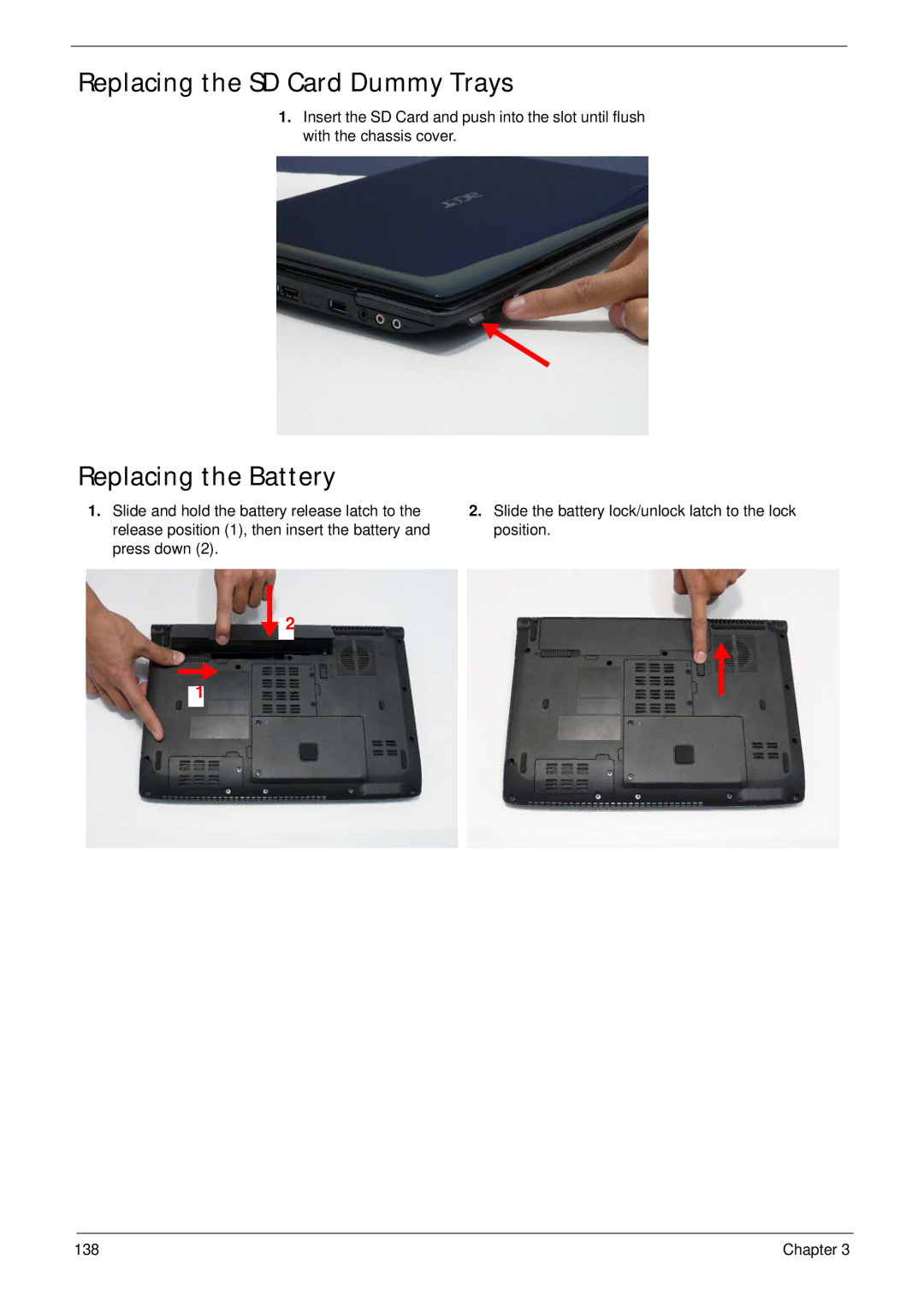 Acer 4736G, 4736Z manual Replacing the SD Card Dummy Trays, Replacing the Battery 