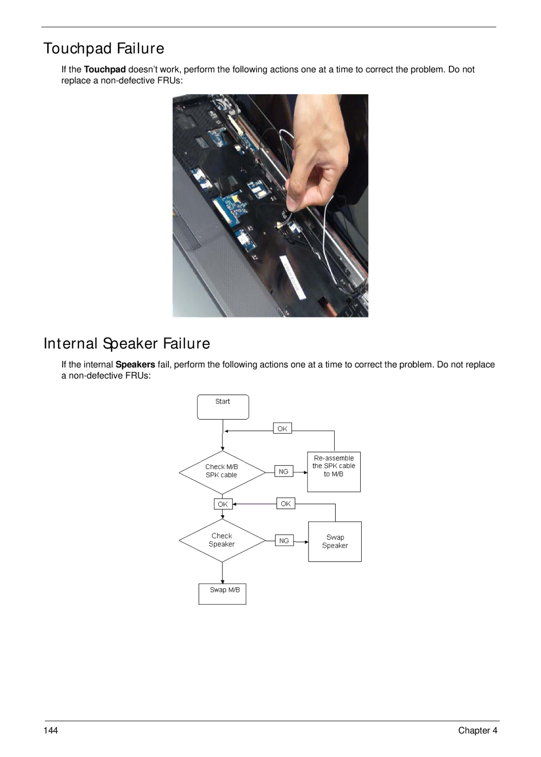 Acer 4736G, 4736Z manual Touchpad Failure, Internal Speaker Failure 