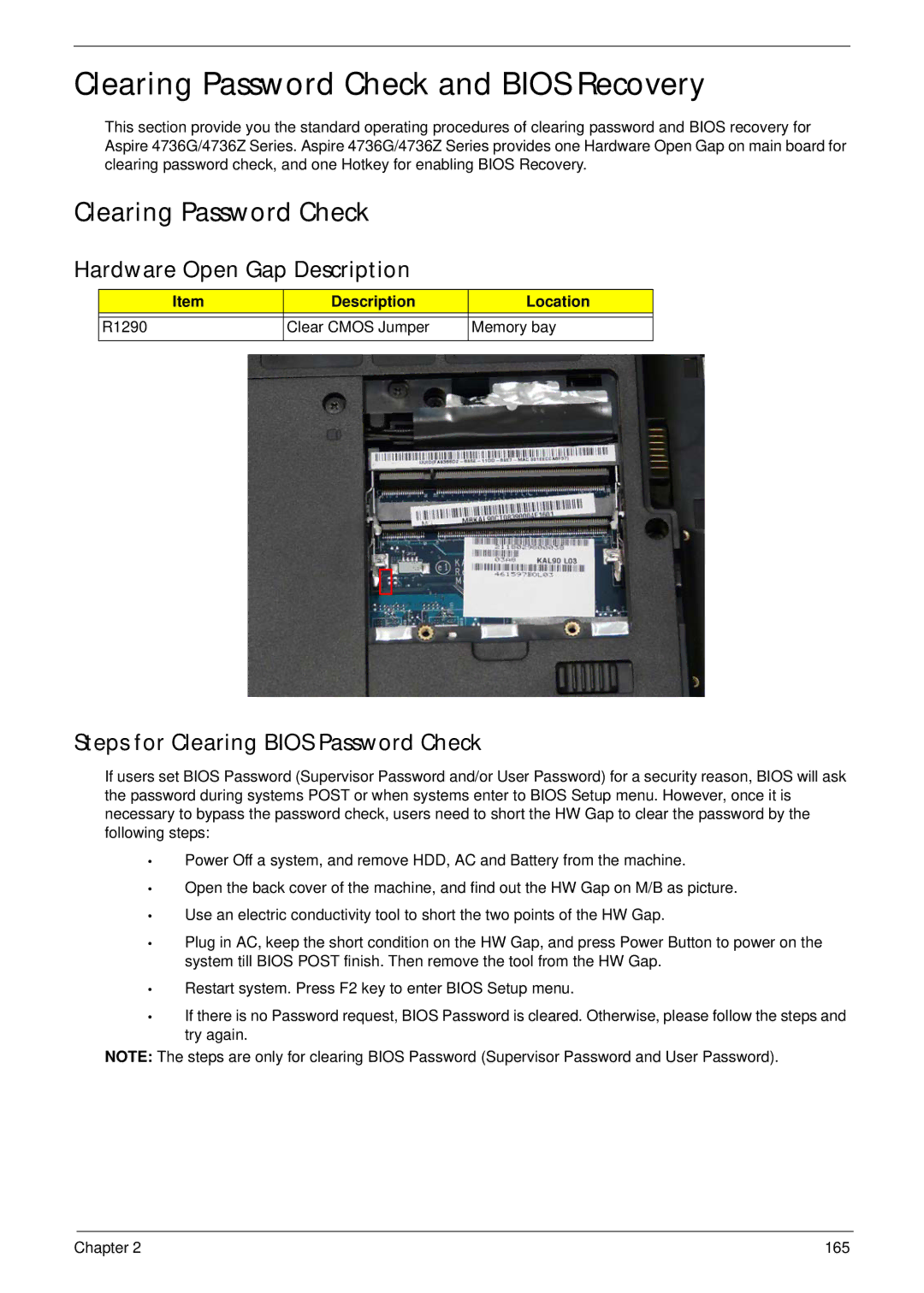 Acer 4736Z, 4736G manual Clearing Password Check and Bios Recovery, Hardware Open Gap Description 