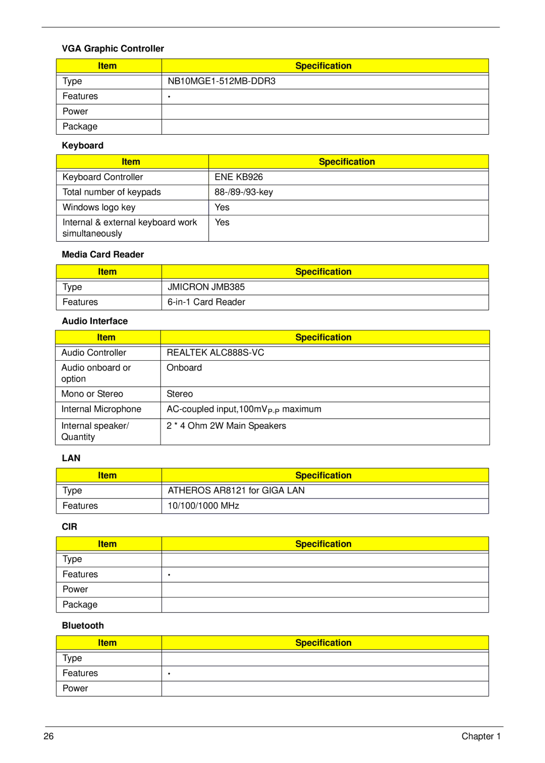 Acer 4736G, 4736Z manual VGA Graphic Controller Specification, Keyboard Specification, Media Card Reader Specification 