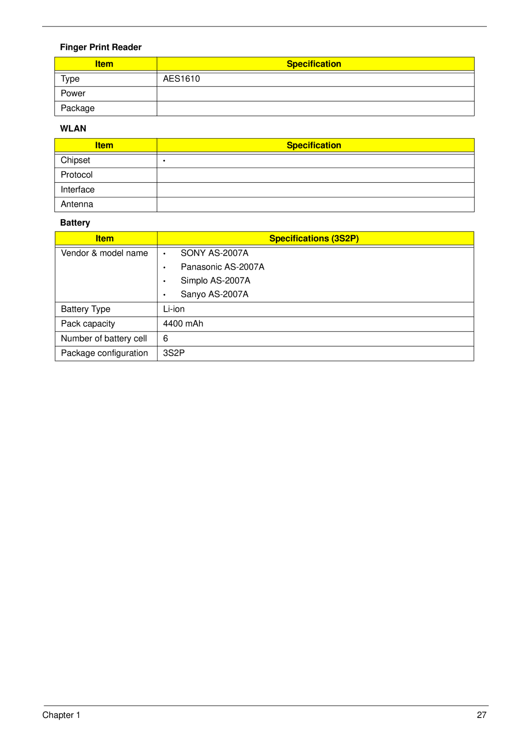 Acer 4736Z, 4736G manual Finger Print Reader Specification, Battery 