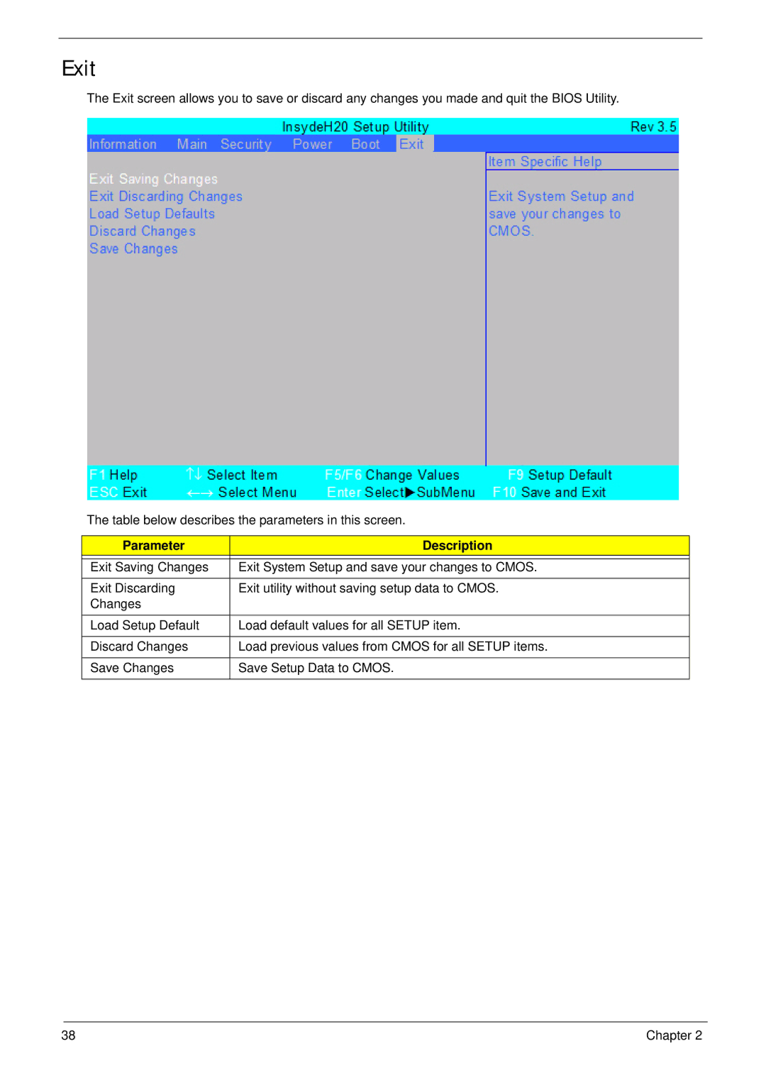 Acer 4736G, 4736Z manual Exit, Parameter Description 