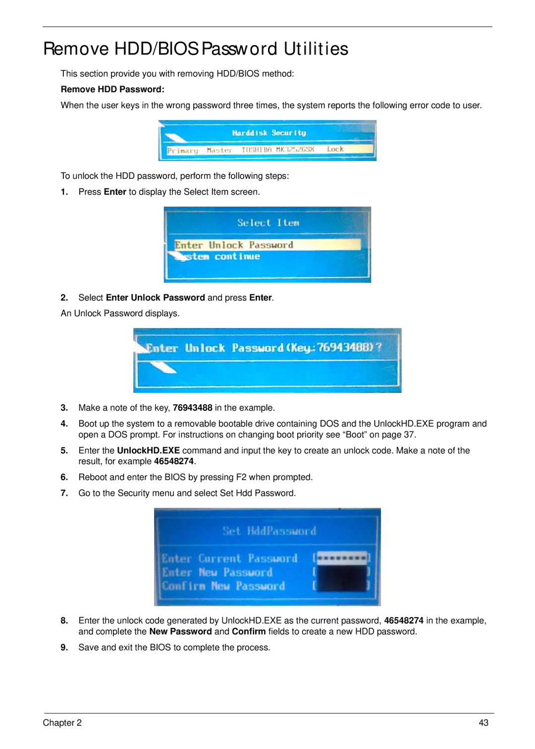 Acer 4736Z, 4736G manual Remove HDD/BIOS Password Utilities, Remove HDD Password 