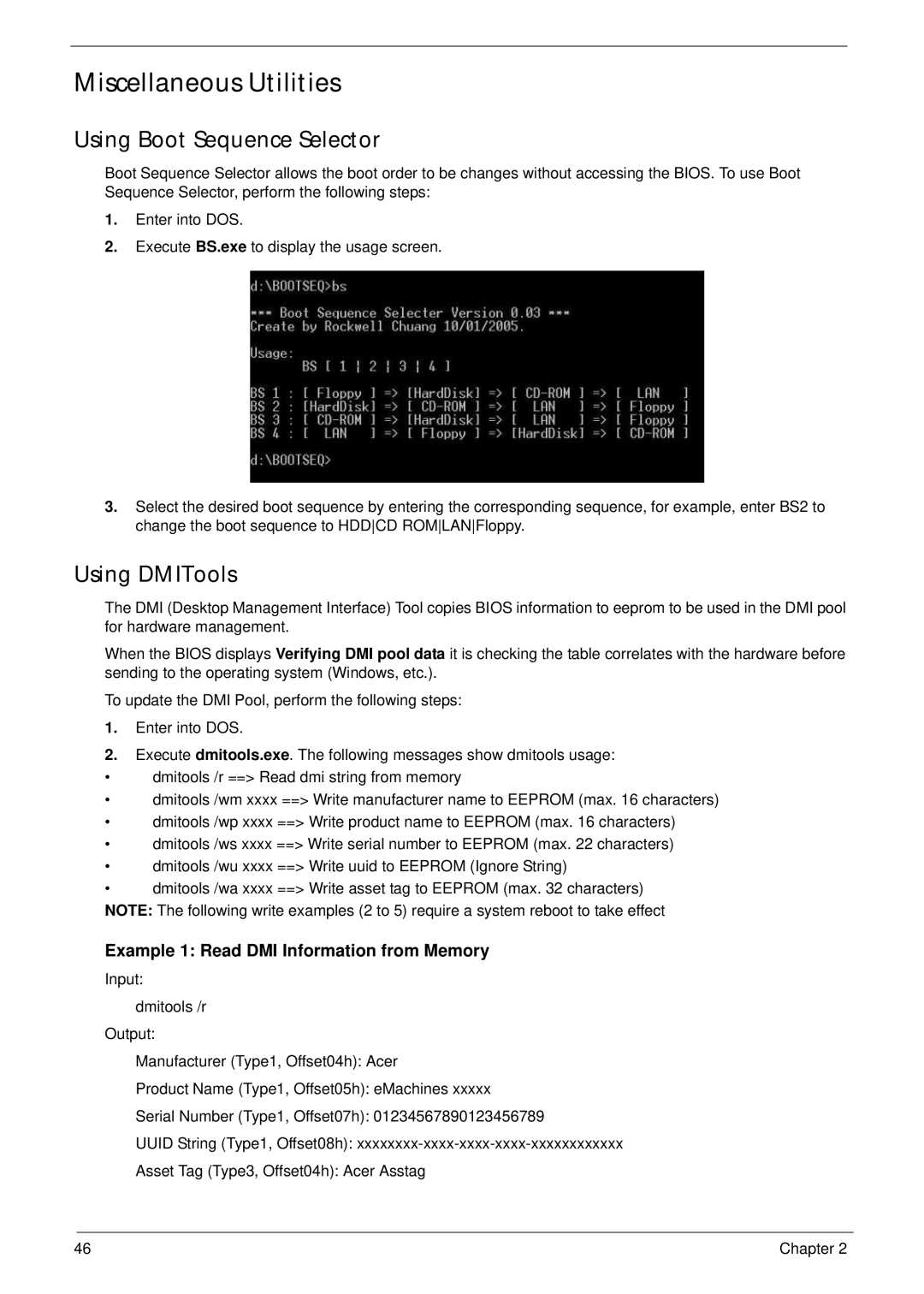 Acer 4736G, 4736Z manual Miscellaneous Utilities, Using Boot Sequence Selector, Using DMITools 