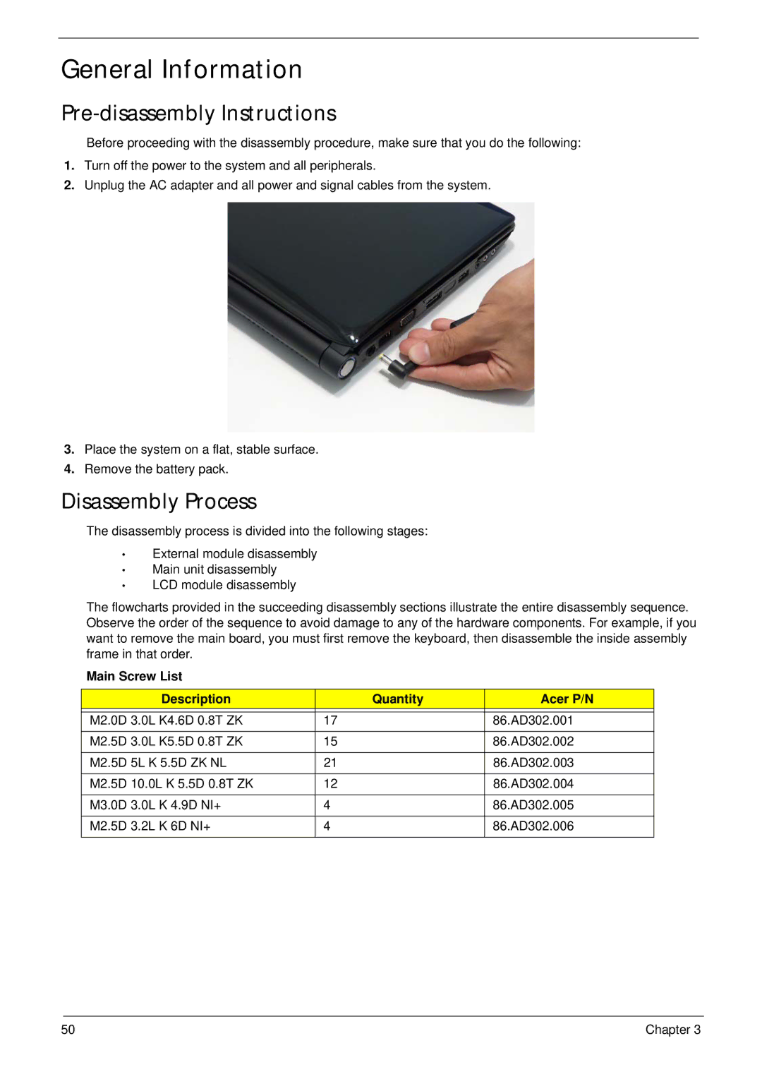 Acer 4736G, 4736Z manual General Information, Pre-disassembly Instructions, Disassembly Process 