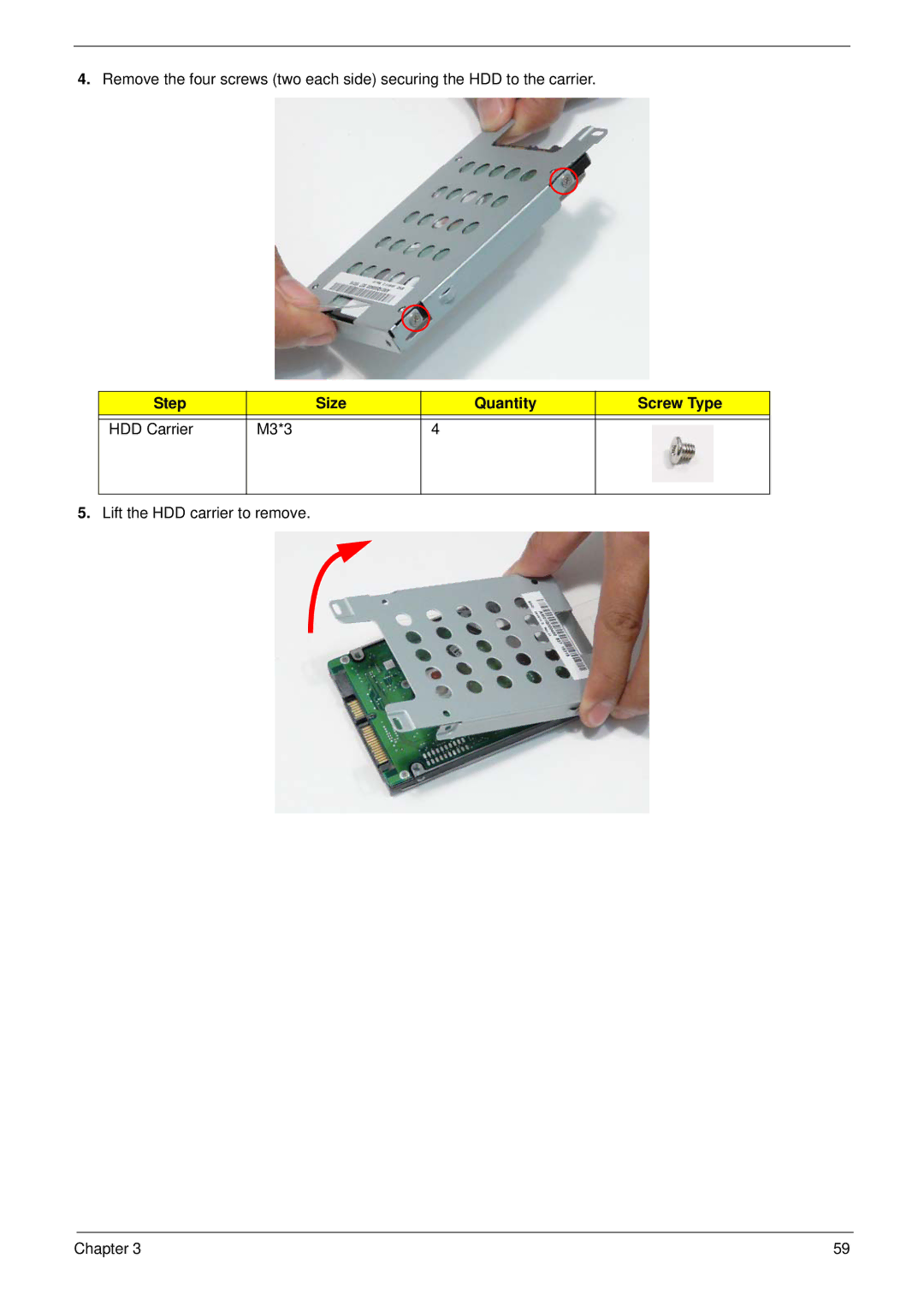 Acer 4736Z, 4736G manual Step Size Quantity Screw Type HDD Carrier M3*3 