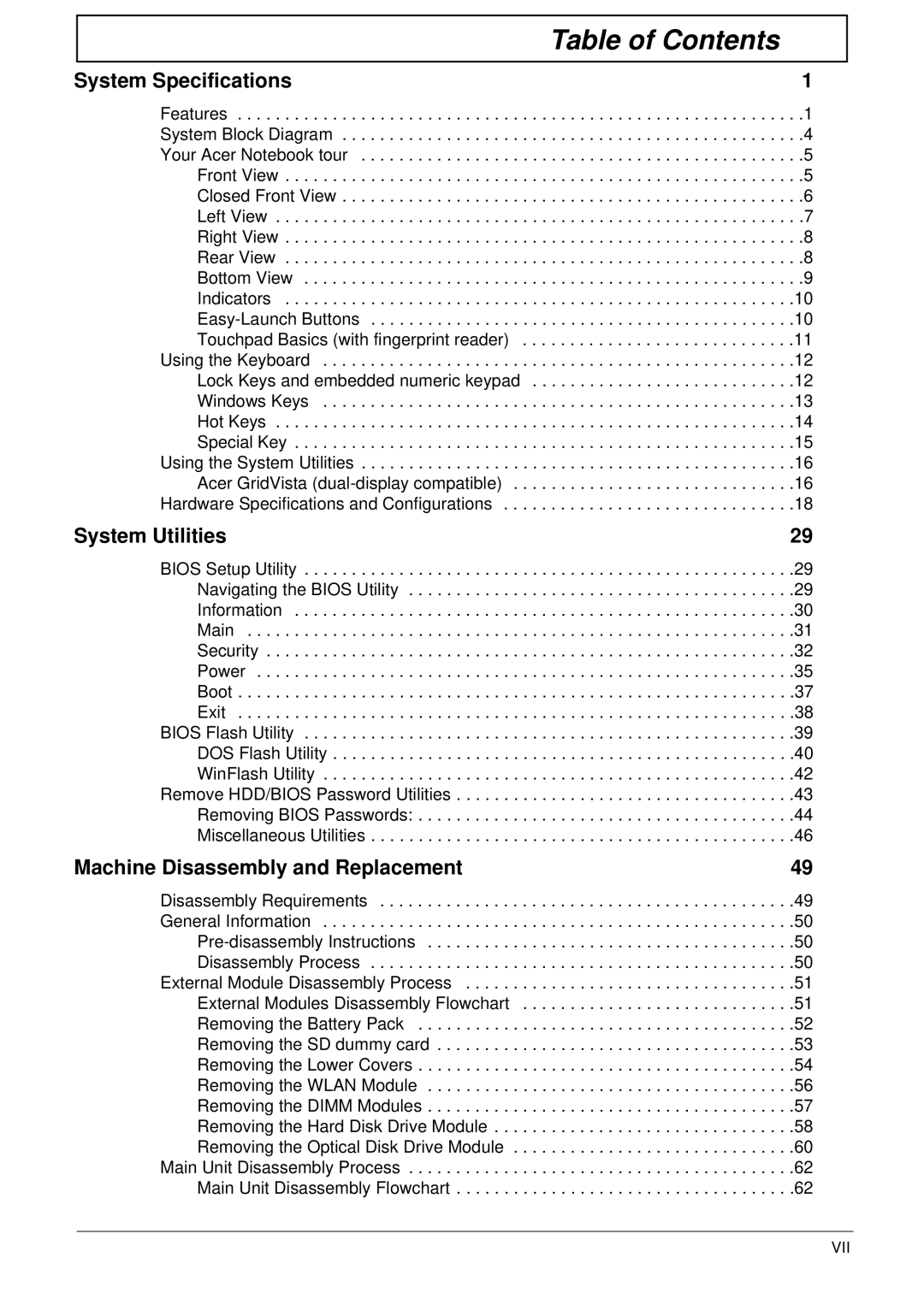 Acer 4736Z, 4736G manual Table of Contents 