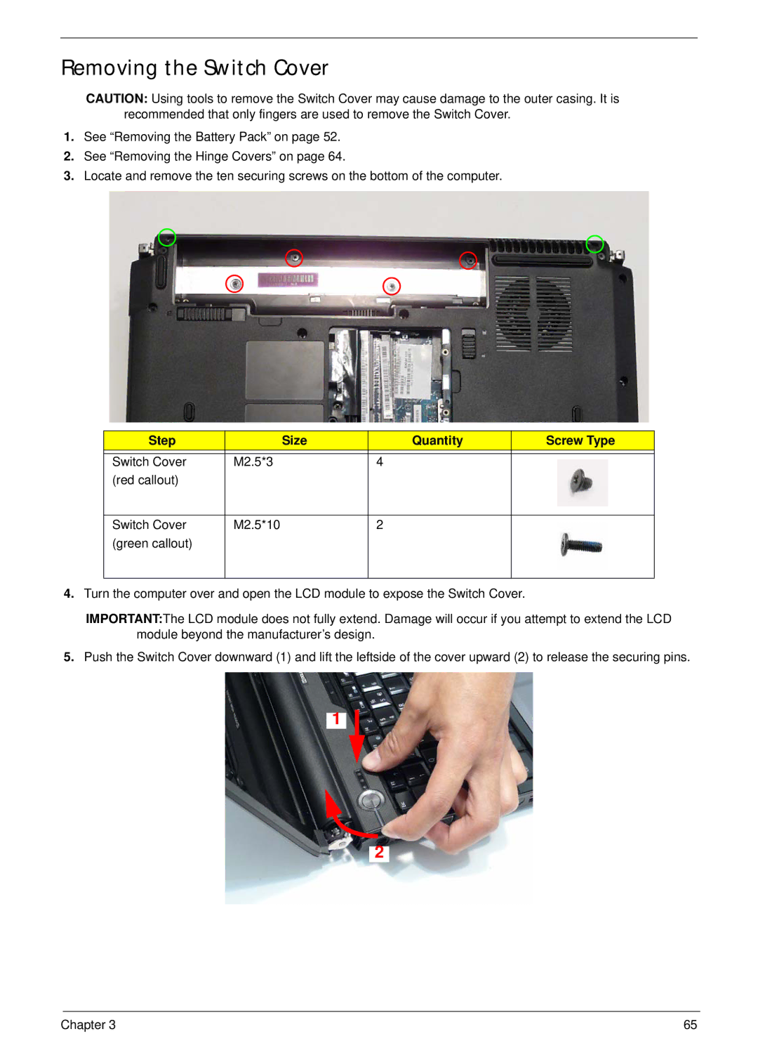 Acer 4736Z, 4736G manual Removing the Switch Cover, Step Size Quantity Screw Type 