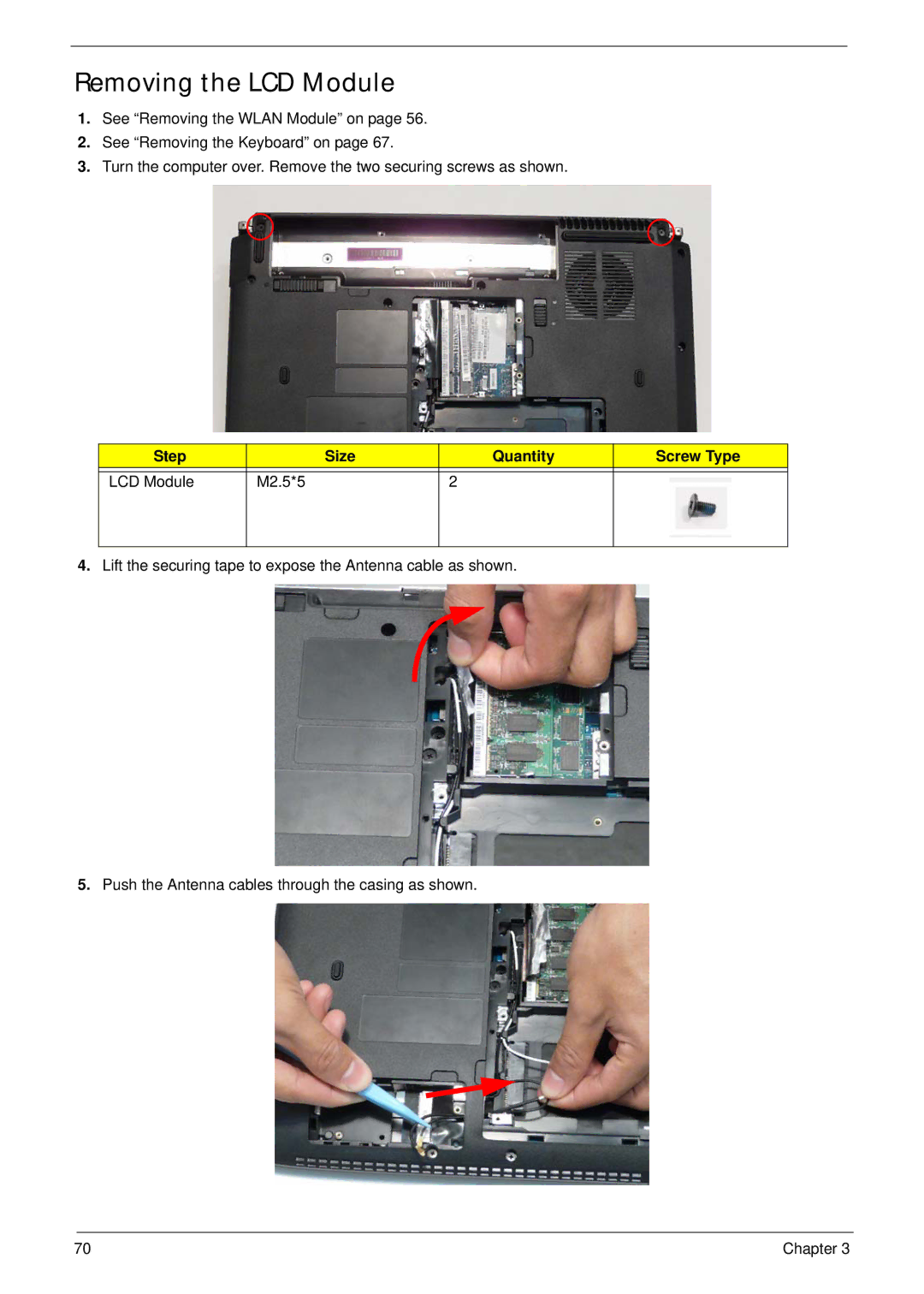 Acer 4736G, 4736Z manual Removing the LCD Module, Step Size Quantity Screw Type LCD Module M2.5*5 