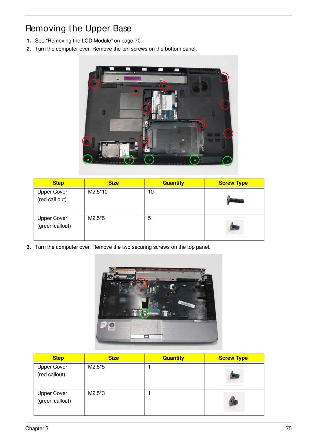 Acer 4736Z, 4736G manual Removing the Upper Base, Step Size Quantity Screw Type 