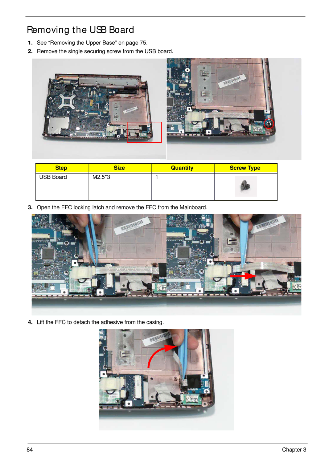 Acer 4736G, 4736Z manual Removing the USB Board, Step Size Quantity Screw Type USB Board M2.5*3 