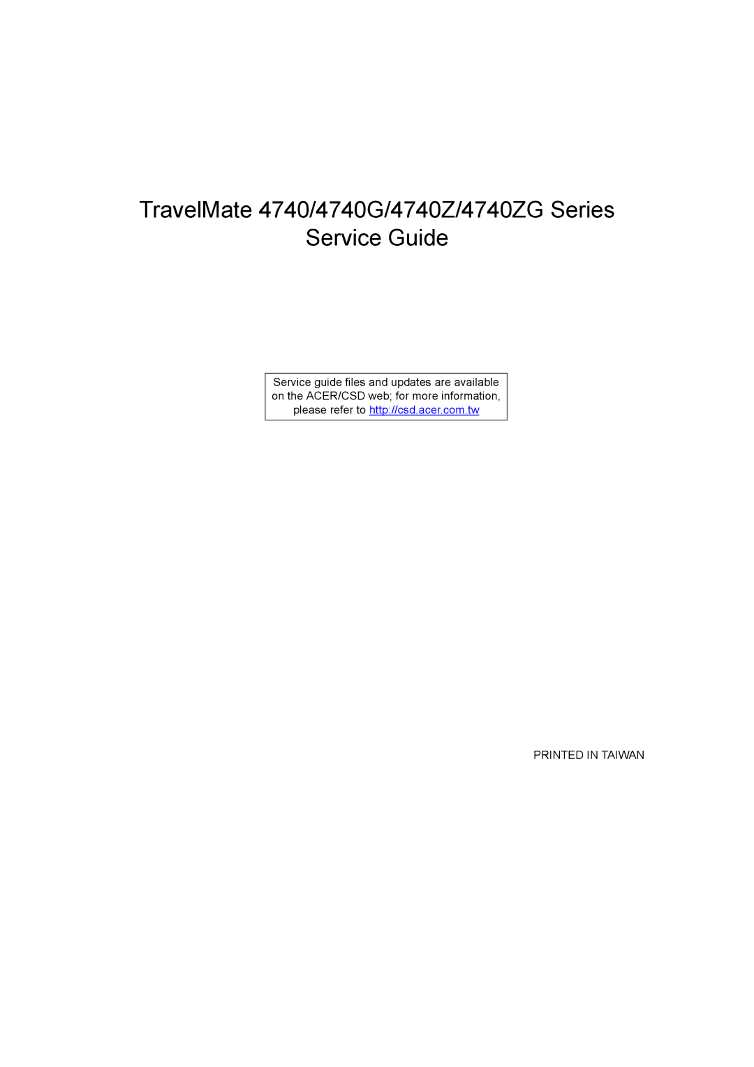 Acer manual TravelMate 4740/4740G/4740Z/4740ZG Series Service Guide 