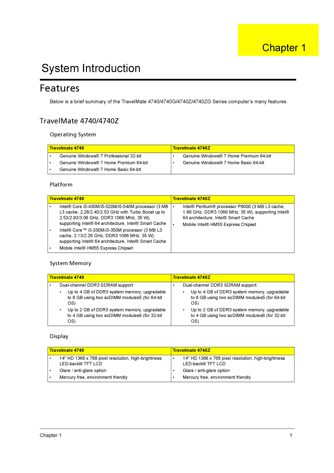 Acer 4740ZG, 4740G manual Chapter, Features 