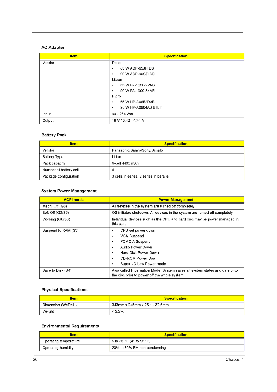 Acer 4740Z, 4740G AC Adapter, Battery Pack, System Power Management, Physical Specifications, Environmental Requirements 