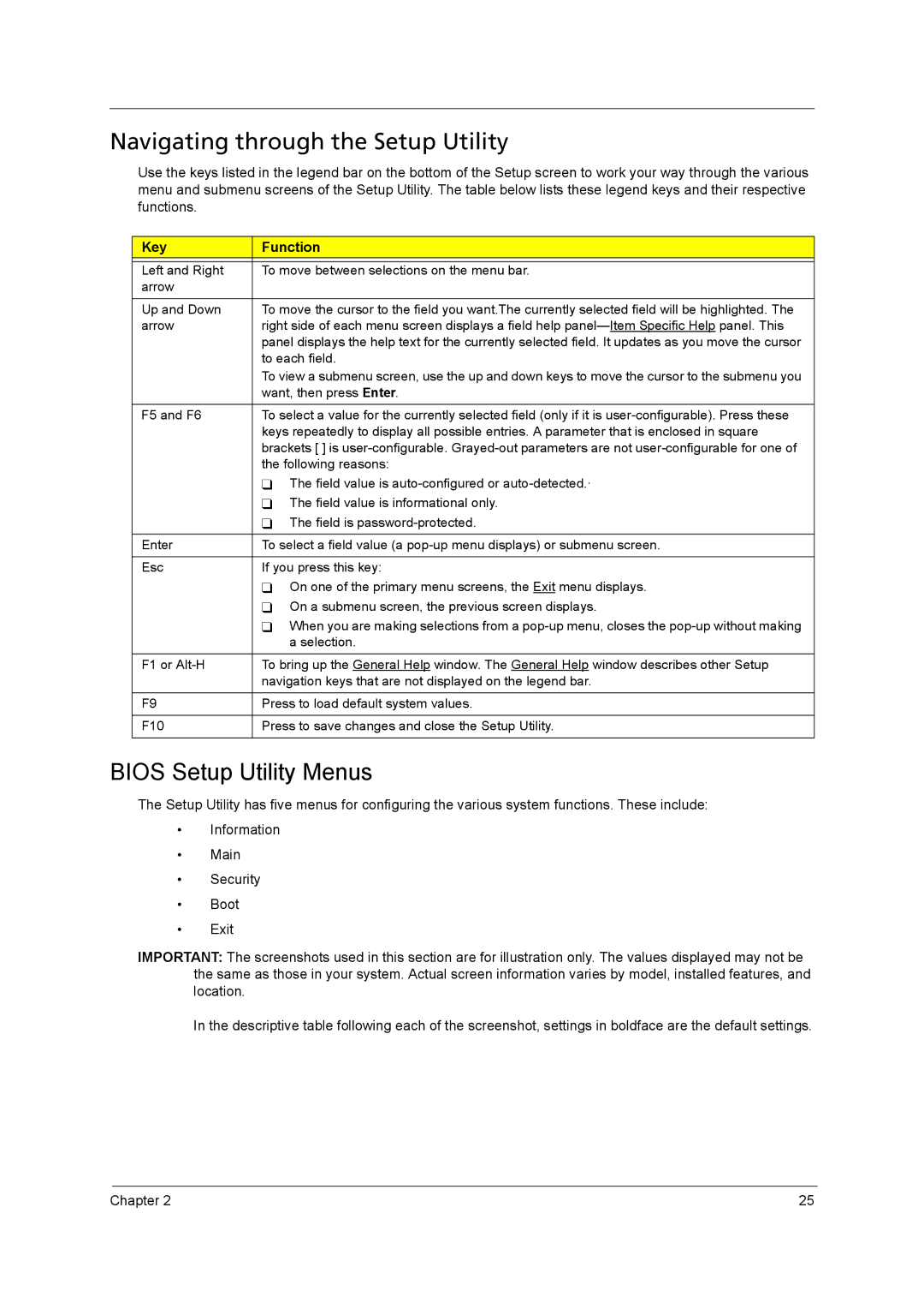 Acer 4740ZG, 4740G manual Navigating through the Setup Utility, Bios Setup Utility Menus, Key Function 