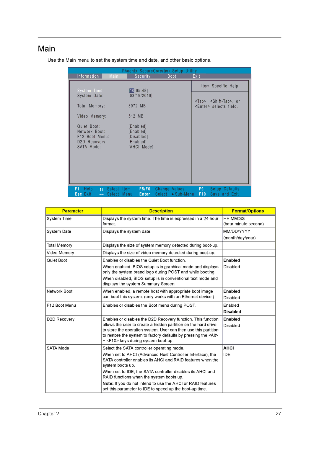 Acer 4740G, 4740ZG manual Main, System Time 