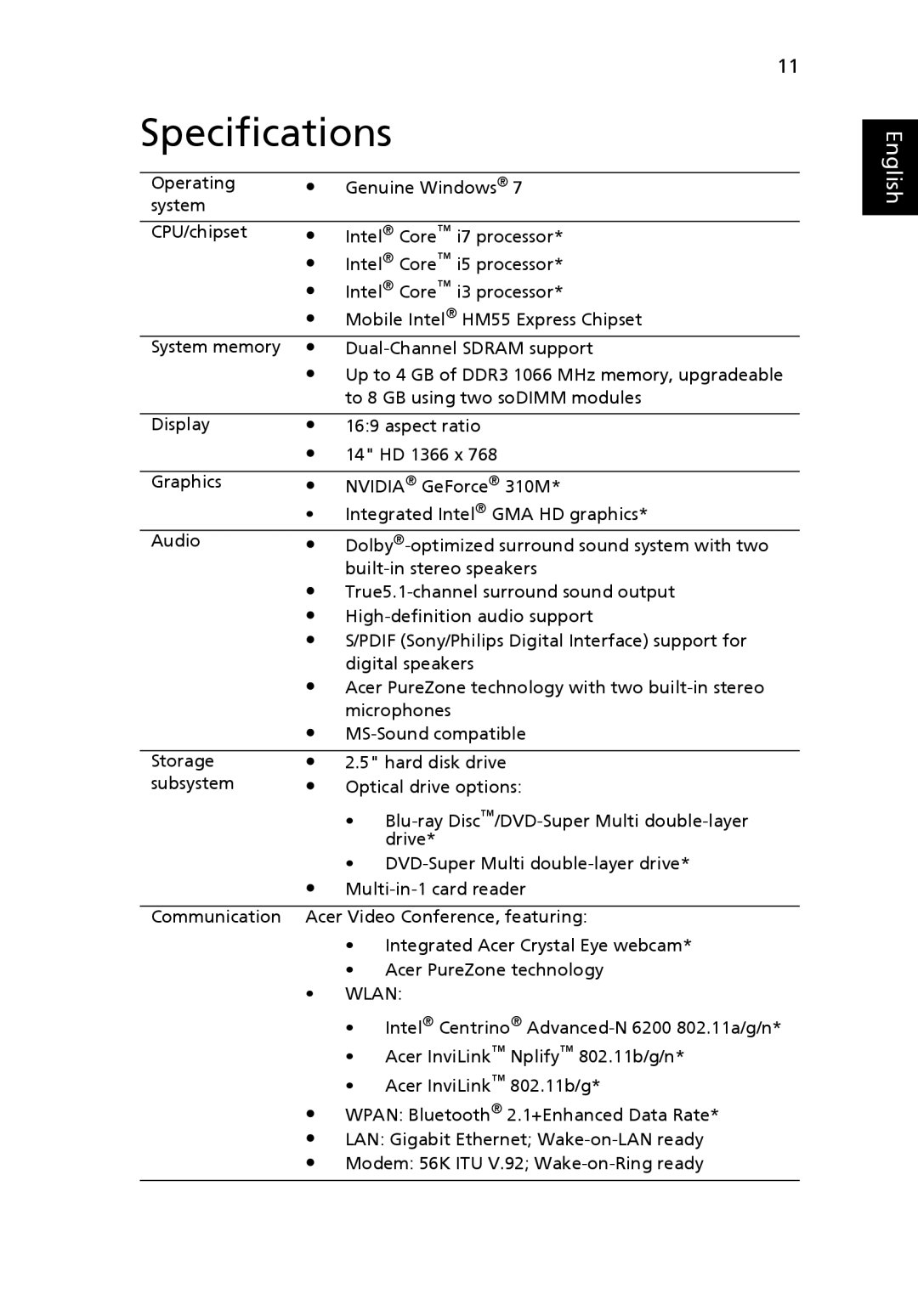 Acer 4740 Series manual Specifications, Wlan 