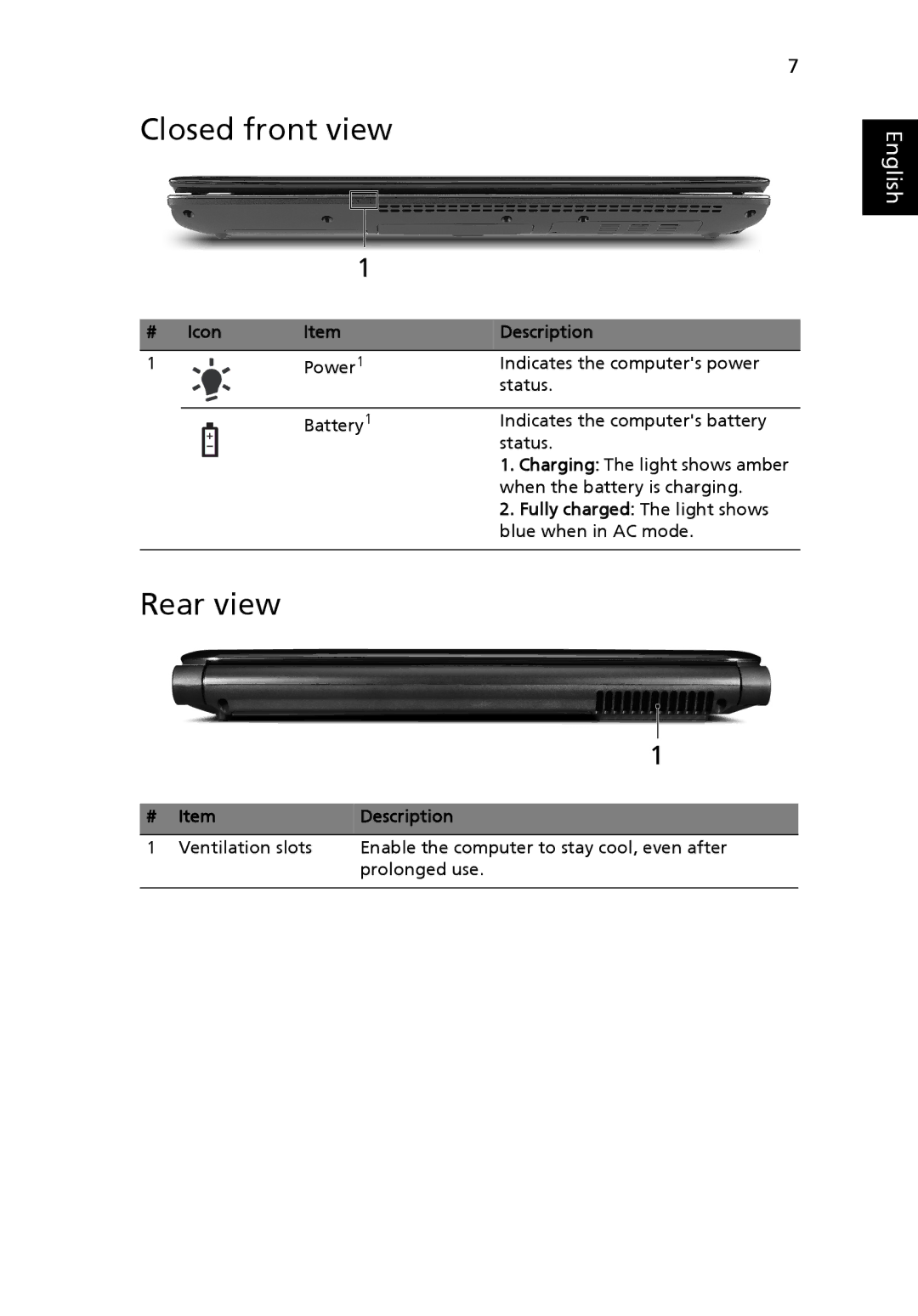 Acer 4740 Series manual Closed front view, Rear view, # Icon Description, Fully charged The light shows 