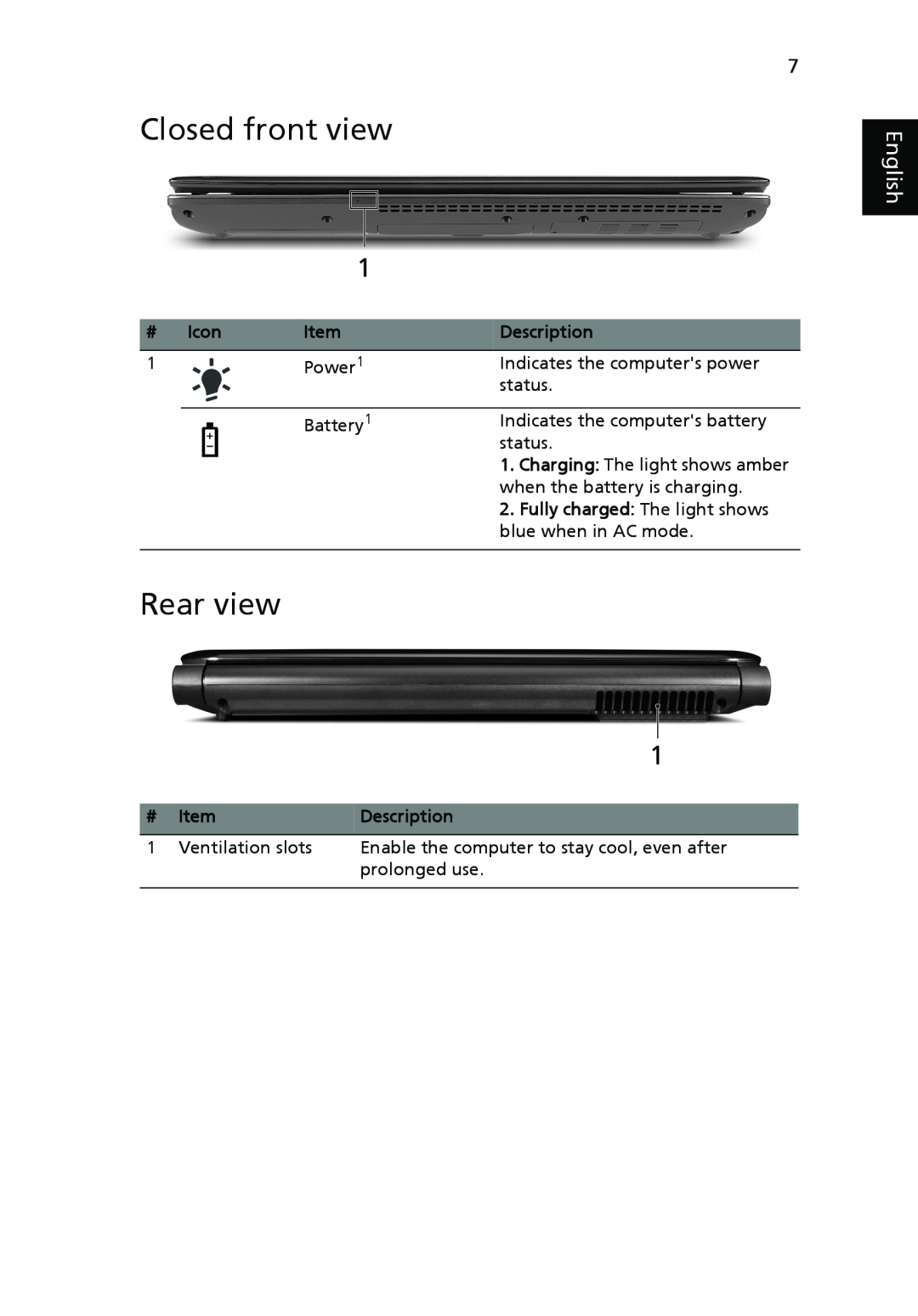 Acer 4740 Series manual Closed front view, Rear view, English 