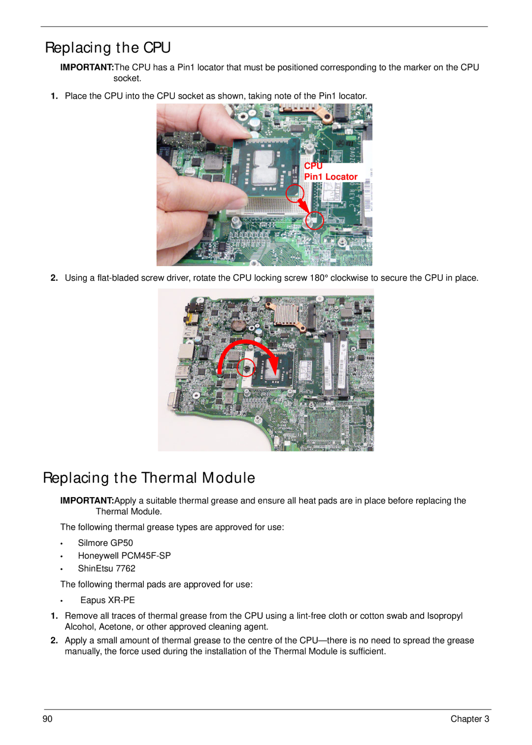 Acer 4745 manual Replacing the CPU, Replacing the Thermal Module 