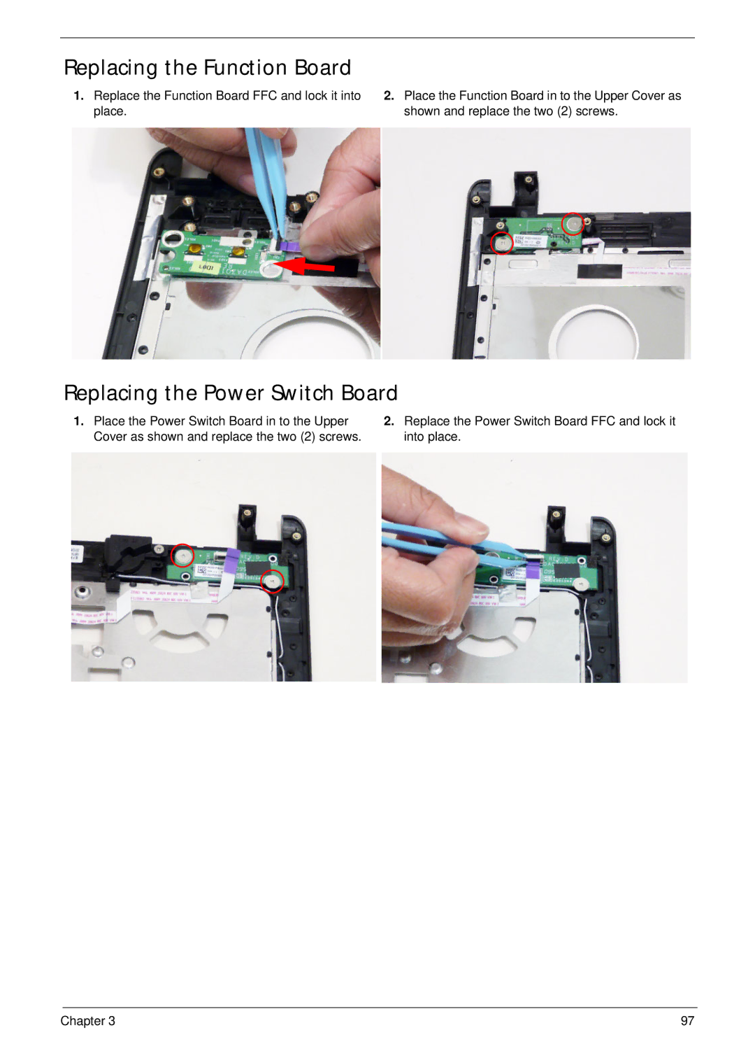 Acer 4745 manual Replacing the Function Board, Replacing the Power Switch Board 