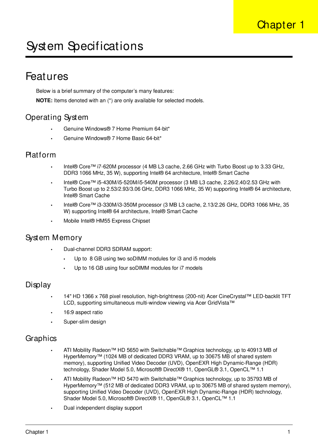 Acer 4745 manual Chapter, Features 