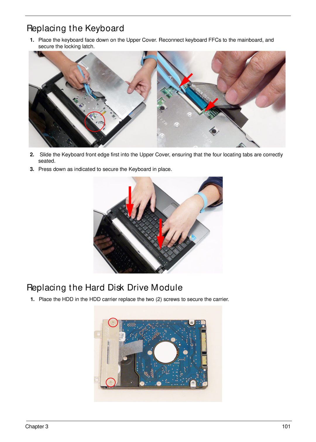 Acer 4745 manual Replacing the Keyboard, Replacing the Hard Disk Drive Module 