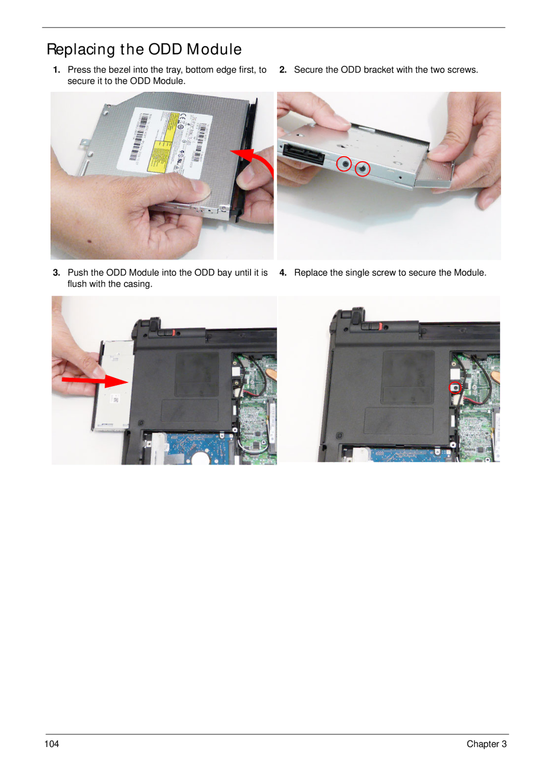 Acer 4745 manual Replacing the ODD Module 