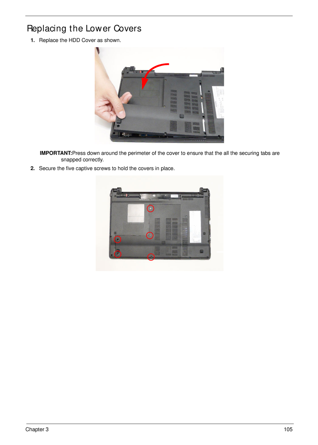 Acer 4745 manual Replacing the Lower Covers 