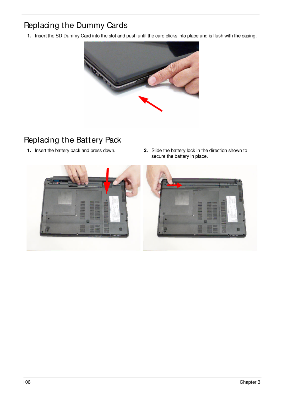 Acer 4745 manual Replacing the Dummy Cards, Replacing the Battery Pack 