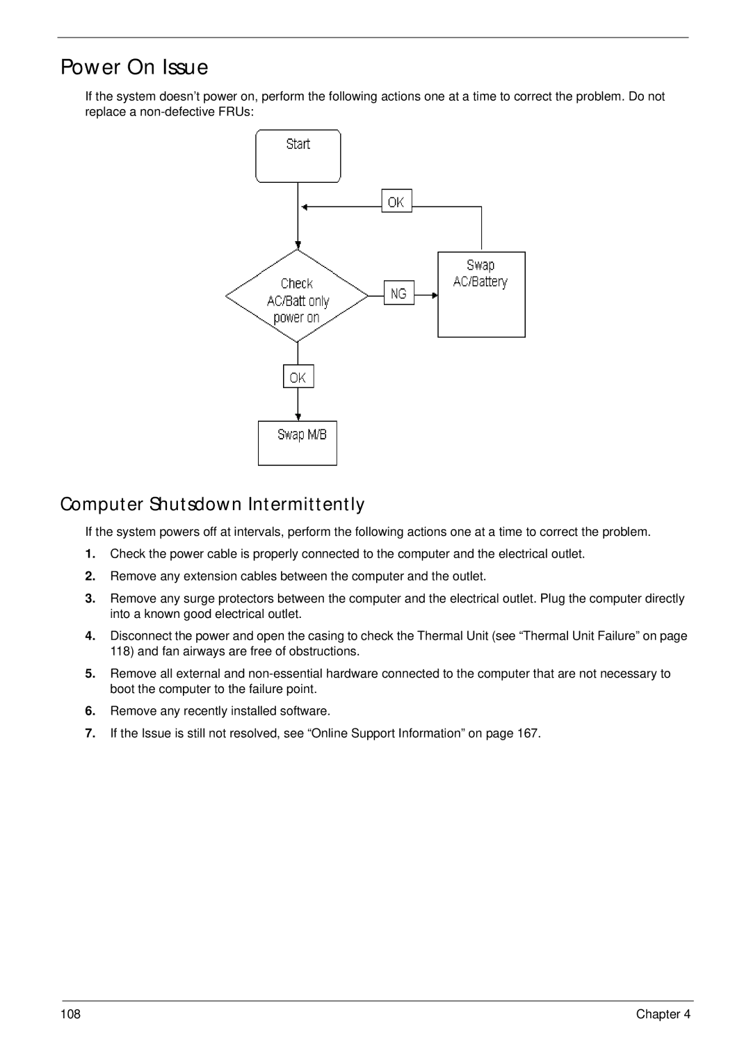 Acer 4745 manual Power On Issue, Computer Shutsdown Intermittently 