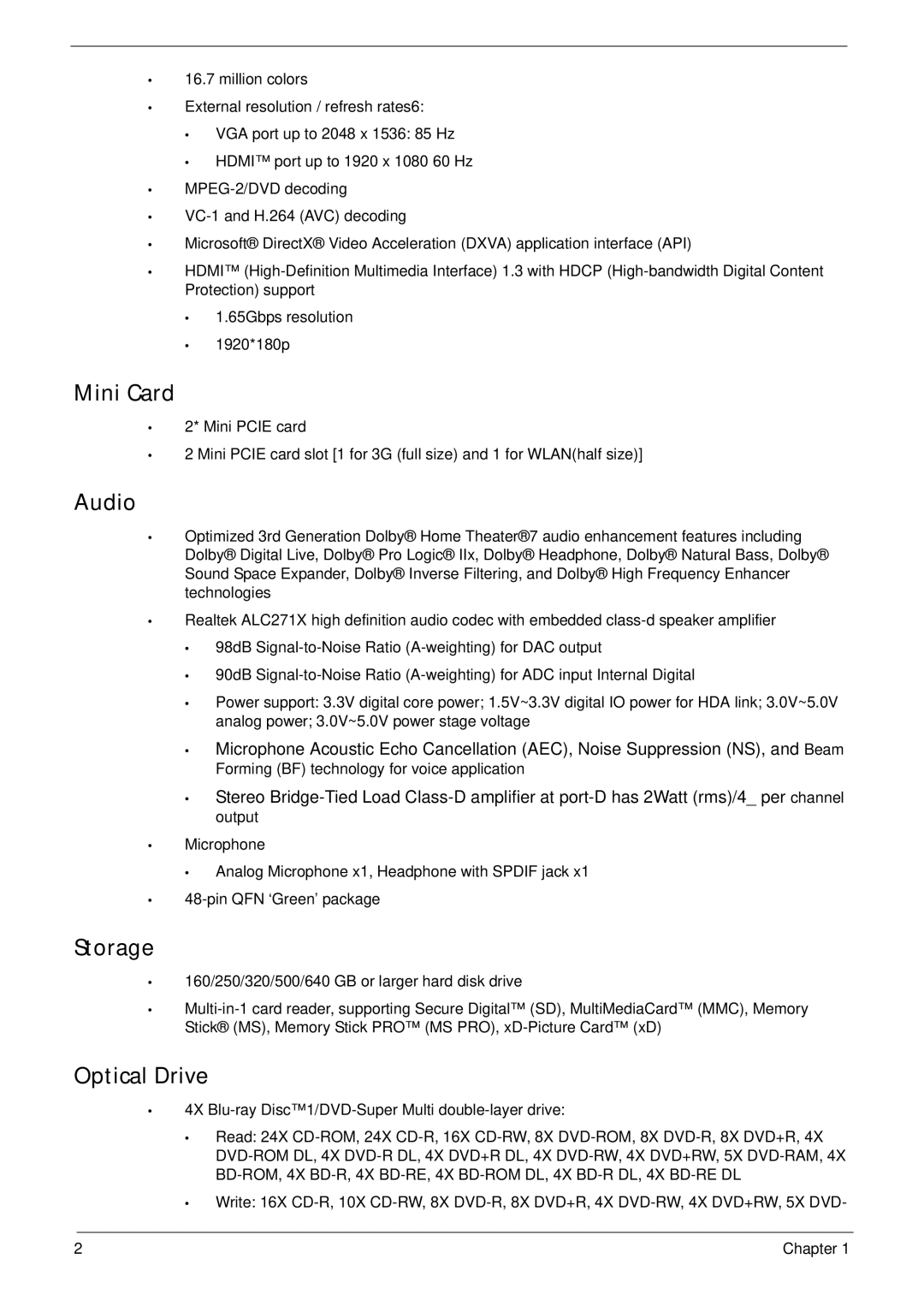 Acer 4745 manual Mini Card, Audio, Storage, Optical Drive 