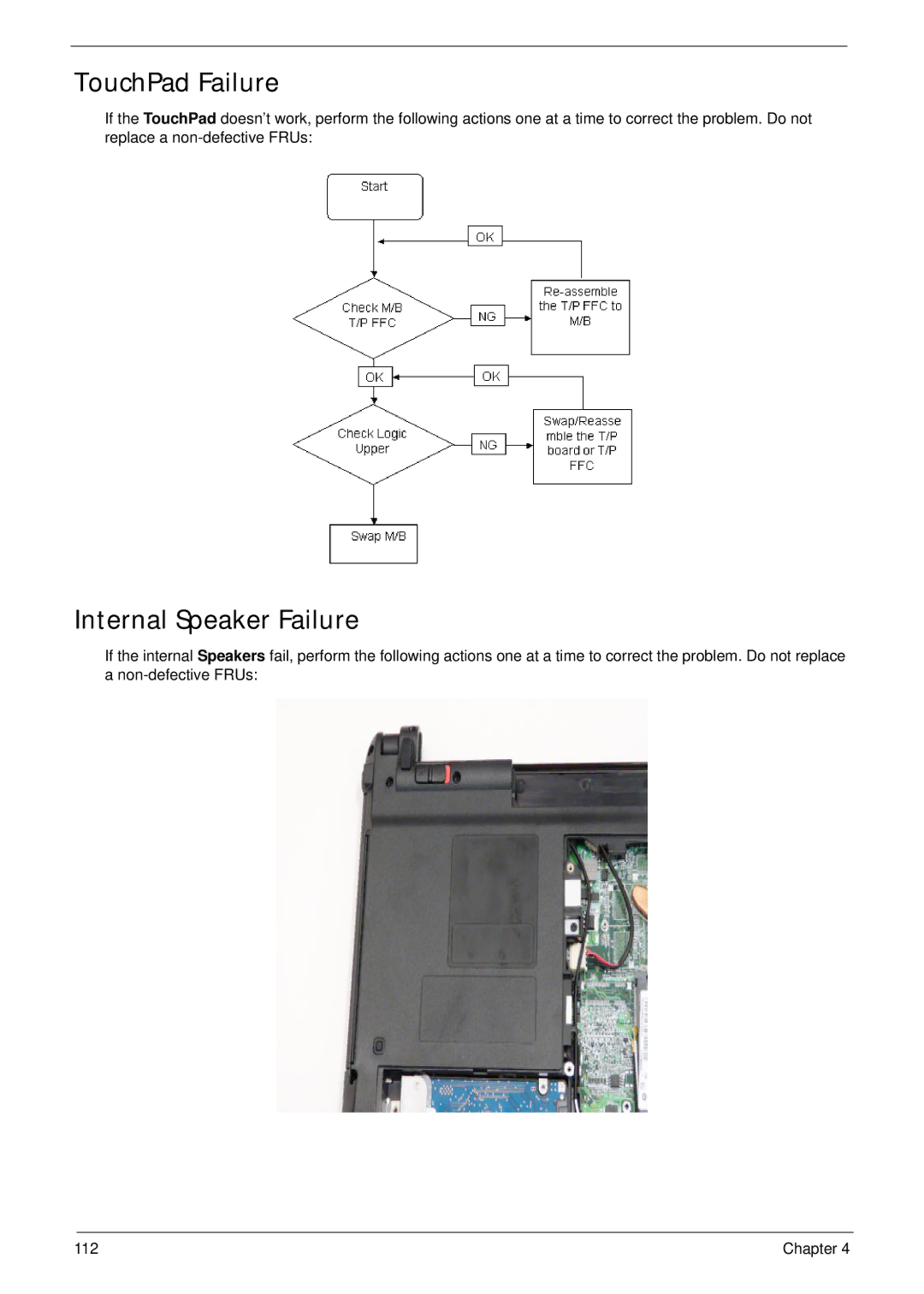 Acer 4745 manual TouchPad Failure, Internal Speaker Failure 